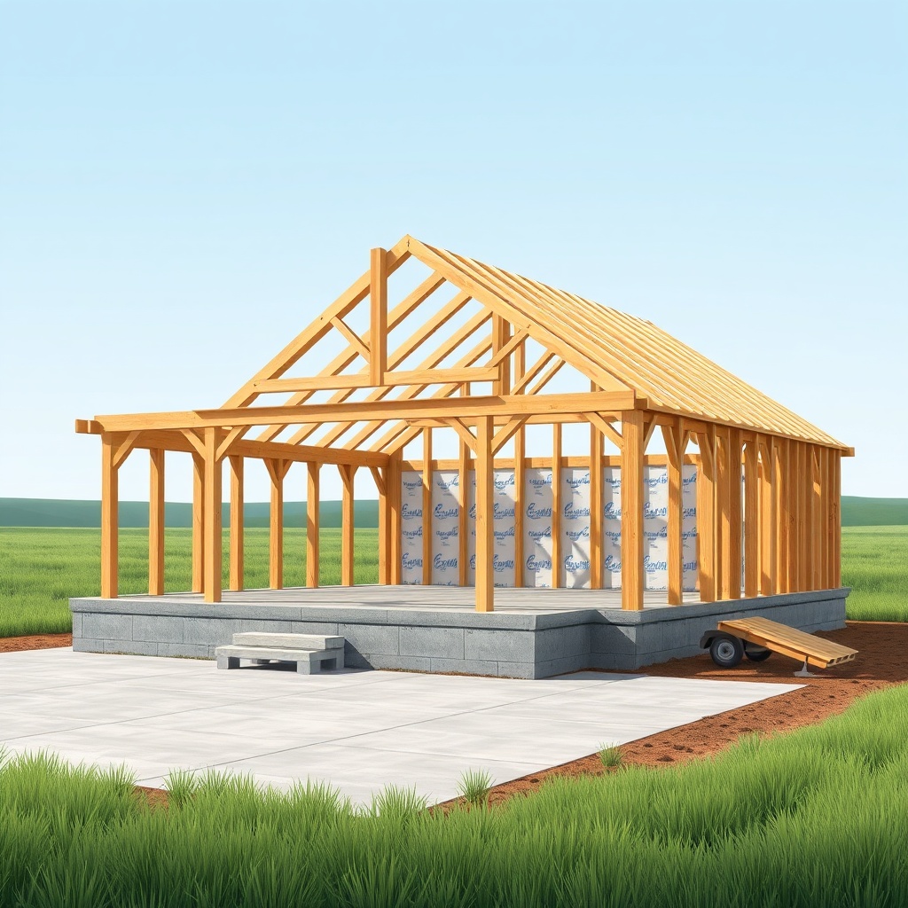 A clean photorealistic photo illustration of a Yankee Barn Homes Lincoln timber frame unde
