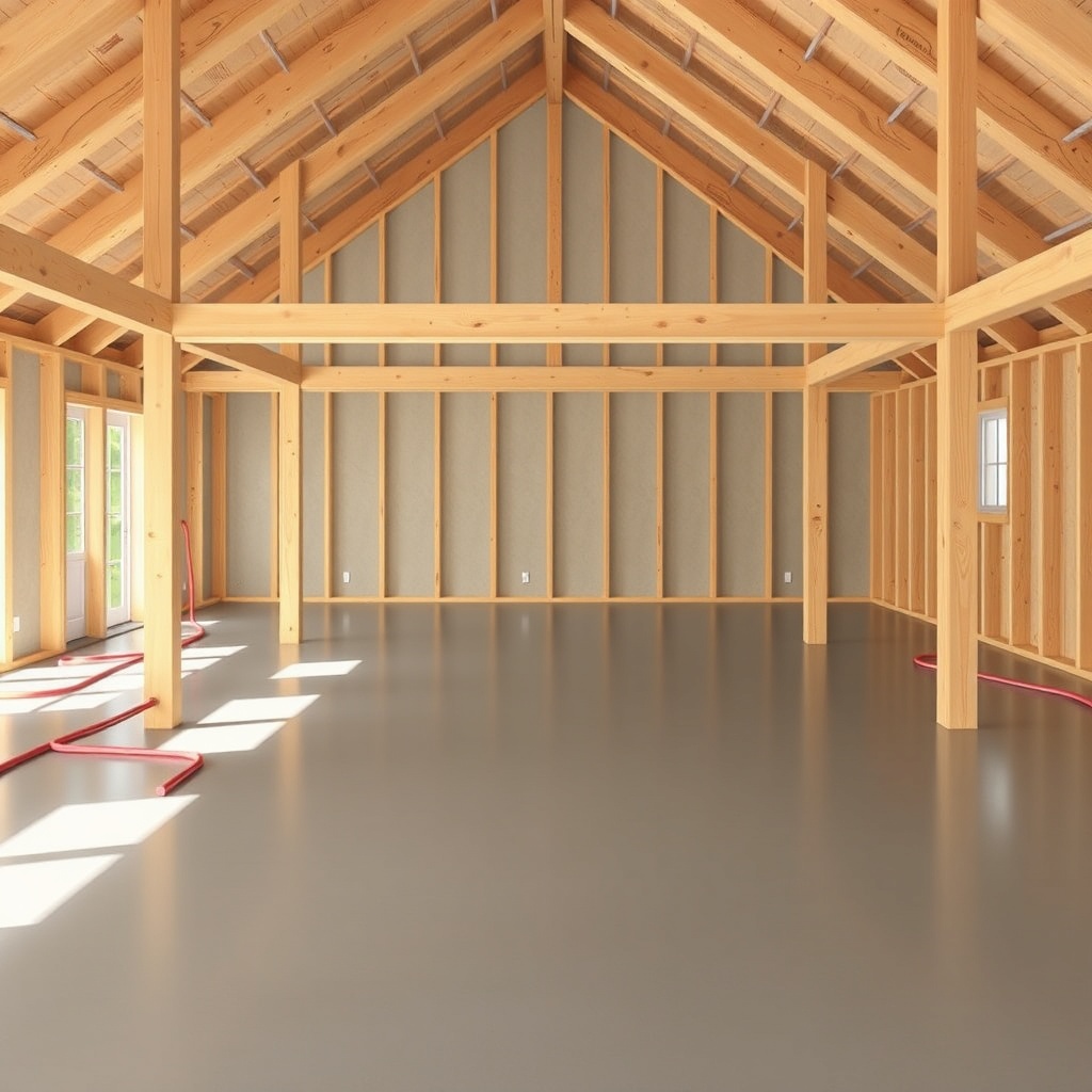 A clean photorealistic photo illustration showing the interior of a Yankee Barn Homes Linc