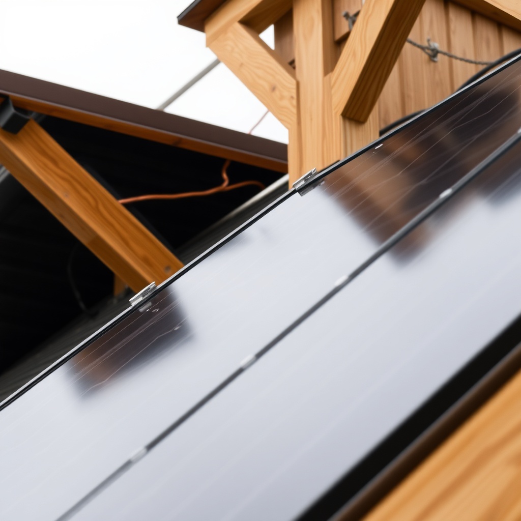 <close-up perspective of a Yankee Barn Homes Lincoln roof showing dark solar panels mounte