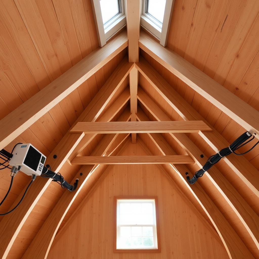 <wide angle interior shot of a Yankee Barn Homes Lincoln attic showing ridge beam with mic