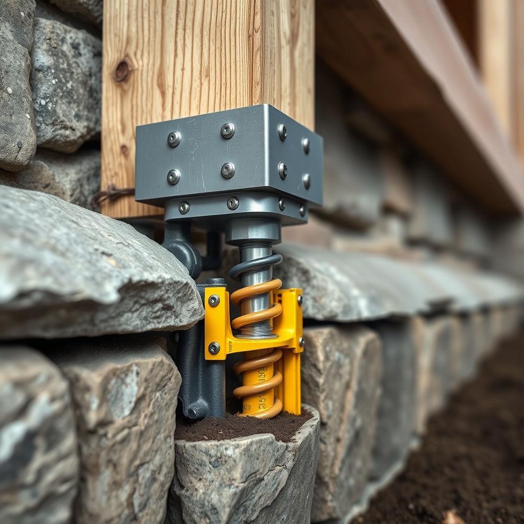 Close-up photorealistic photo of a stone foundation crack with a helical pier bracket bein