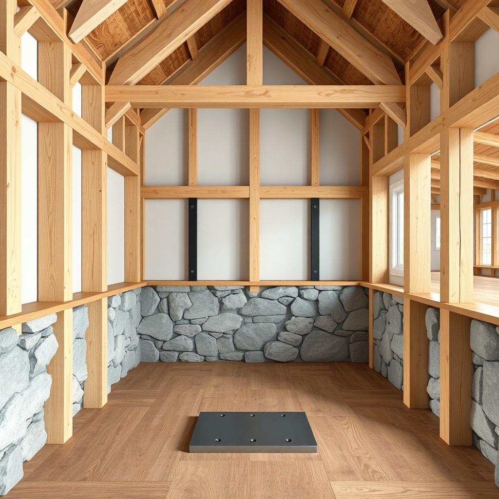 Photorealistic wide-angle photo of a Yankee Barn Homes Lincoln timber frame interior
