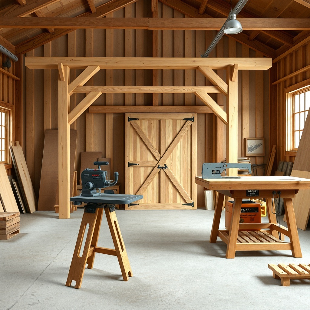 A photorealistic workshop scene showing a Yankee Barn Homes Lincoln post-and-beam timber s