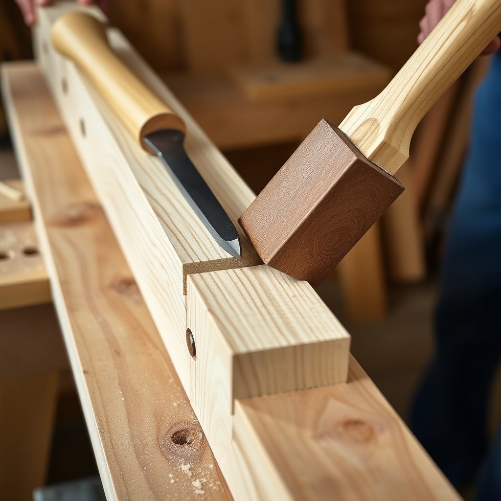 A photorealistic close-up of a mortise and tenon joint being test-fitted on a Yankee Barn